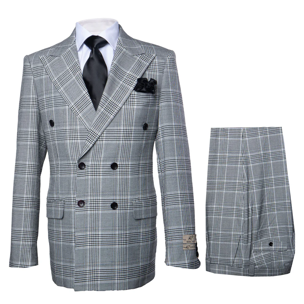 Suit With Pleated Pants Peak Lapel Wool Fabric Suit in Color Black and White By Rossiman Athletic Classic Fit