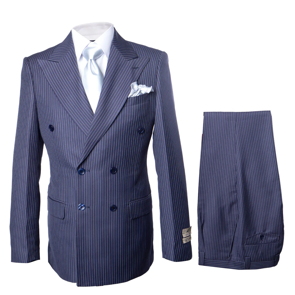 Suit With Pleated Pants Peak Lapel Wool Fabric Suit in Color Navy and White By Rossiman Athletic Classic Fit