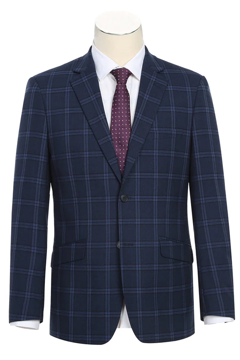 "Dark Navy Slim Fit Men's Suit - Two Button Stretch, Wide Windowpane Plaid"