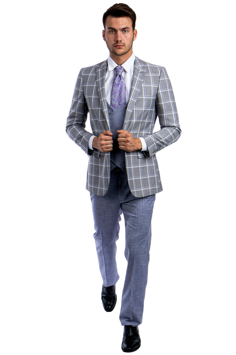 "Men's Grey & Blue Windowpane Plaid Suit - One Button Peak Lapel with Double Breasted Vest" - 34 Short