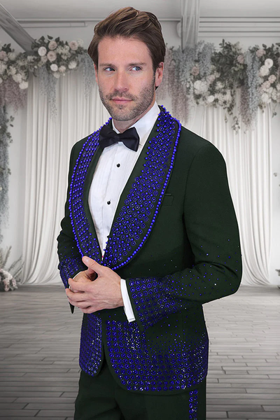 Men's Designer Royal Blue Flower Rhinestone Studded Prom & Wedding Tuxedo in Black