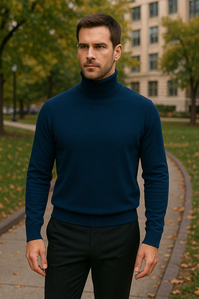 Men's Navy Blue Classic Turtleneck Sweater Lightweight Knit Pullover