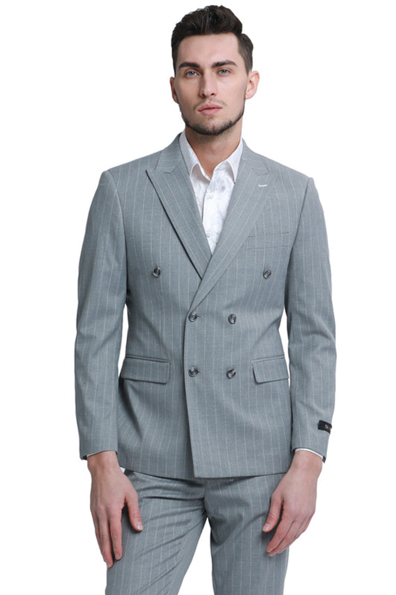 Grey Pinstripe Men's Slim Fit Double Breasted Gangster Suit