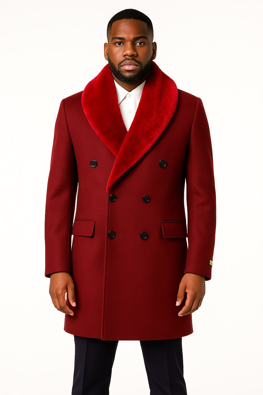 Mens Double-Breasted Burgundy Overcoat with Red Faux Fur Shawl Collar – Alberto Nardoni Winter Coat - Coat Size 38