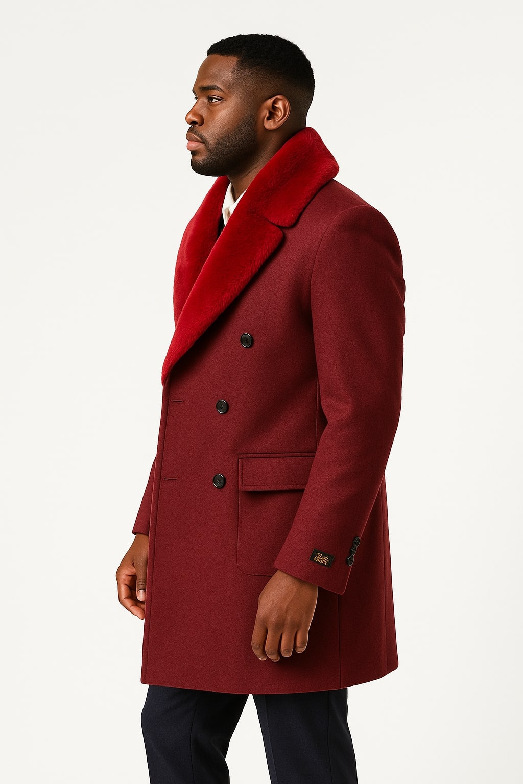Mens Double-Breasted Burgundy Overcoat with Red Faux Fur Shawl Collar – Alberto Nardoni Winter Coat - Coat Size 38