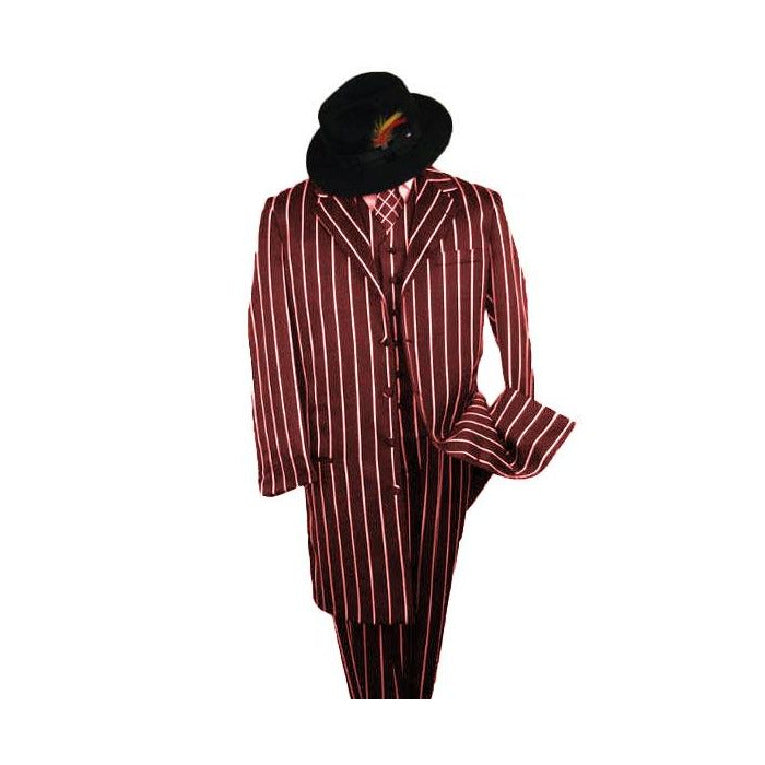 Alberto Nardoni Burgundy White Pinstripe Suit - 38 Short Jacket+32 Waist Adjustable 28to34)(Height: 5 4 to5 7 )(Neck 15-16.5)S-M)
