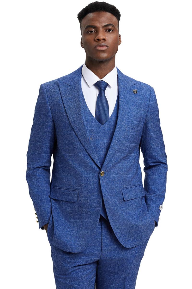 Men's Stacy Adams Peak Lapel Suit with Double Breasted Vest in Blue Windowpane Plaid - 38 Regular