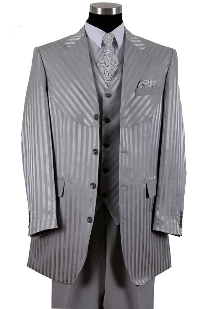 "Semi Wide Leg Men's Fashion Suit - 4 Button Shiny Tonal Stripe in Silver"