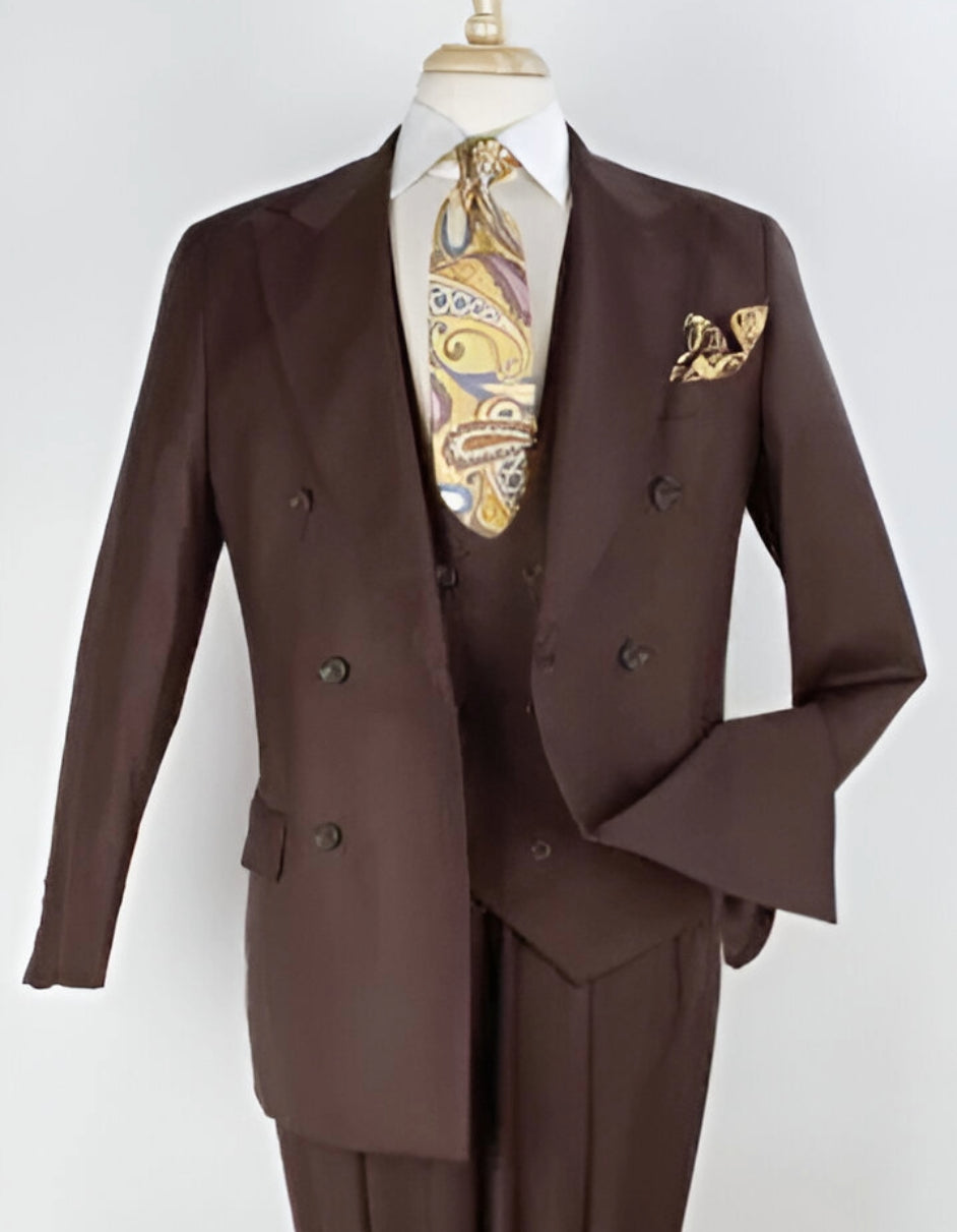 Double Breasted Suits - Vested Suits Wool Fabric - Apolo King Brand - Solid Brown Suit - Coat Size 38