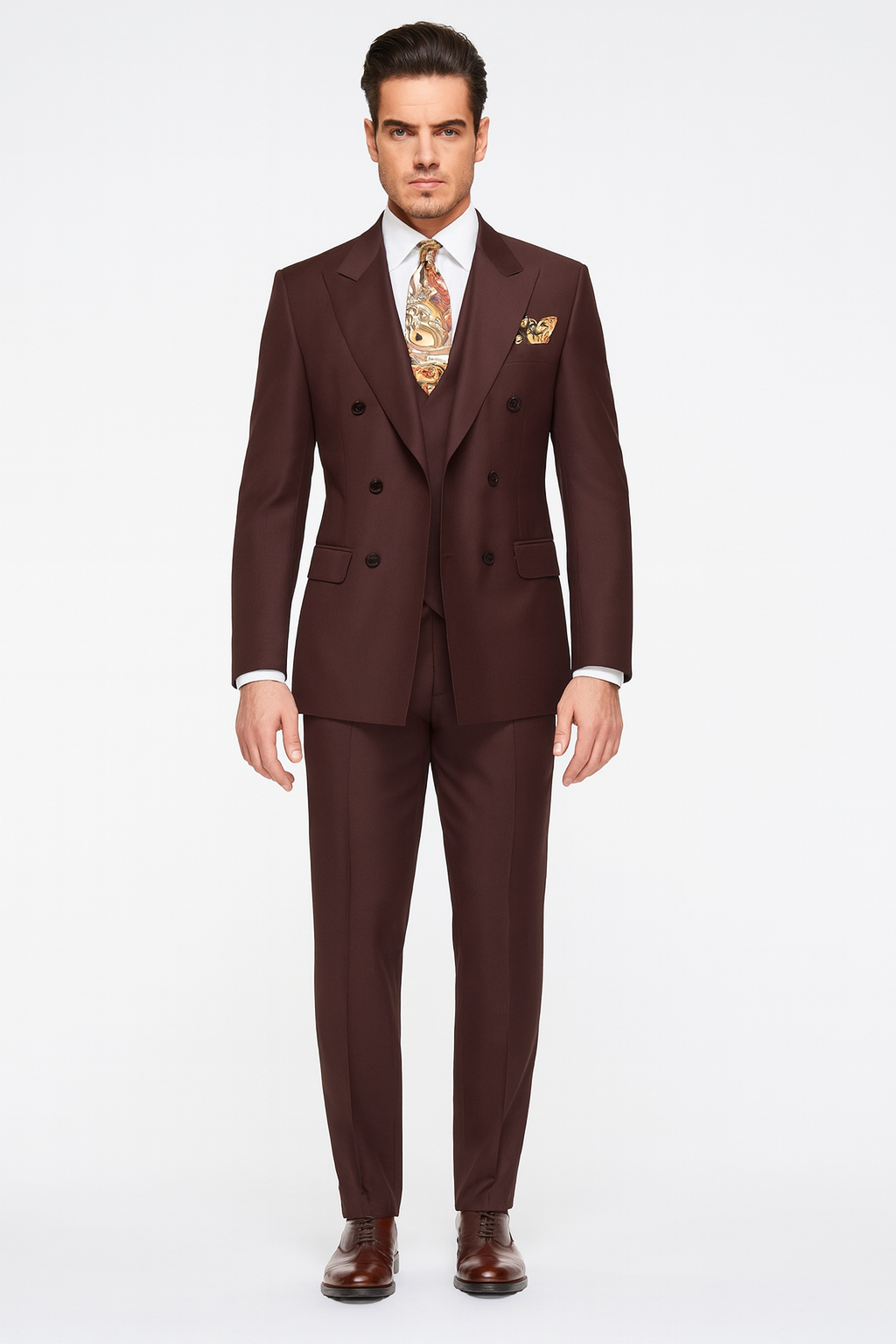Double Breasted Suits - Vested Suits Wool Fabric - Apolo King Brand - Solid Brown Suit - Coat Size 38
