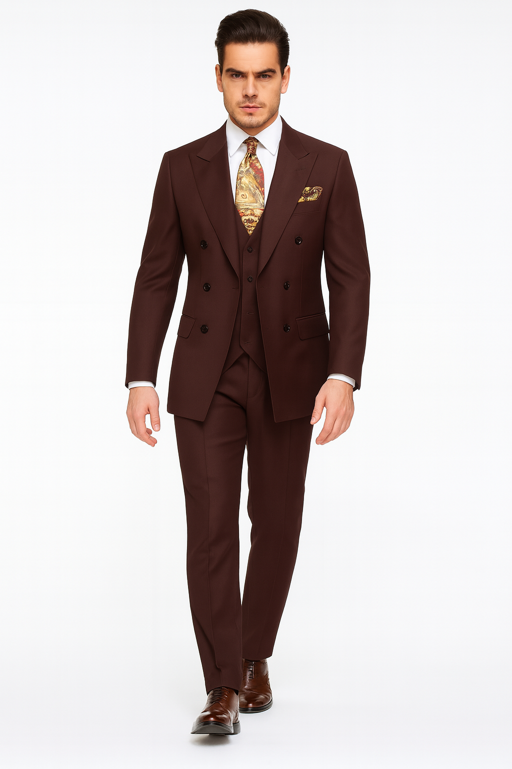 Double Breasted Suits - Vested Suits Wool Fabric - Apolo King Brand - Solid Brown Suit - Coat Size 38