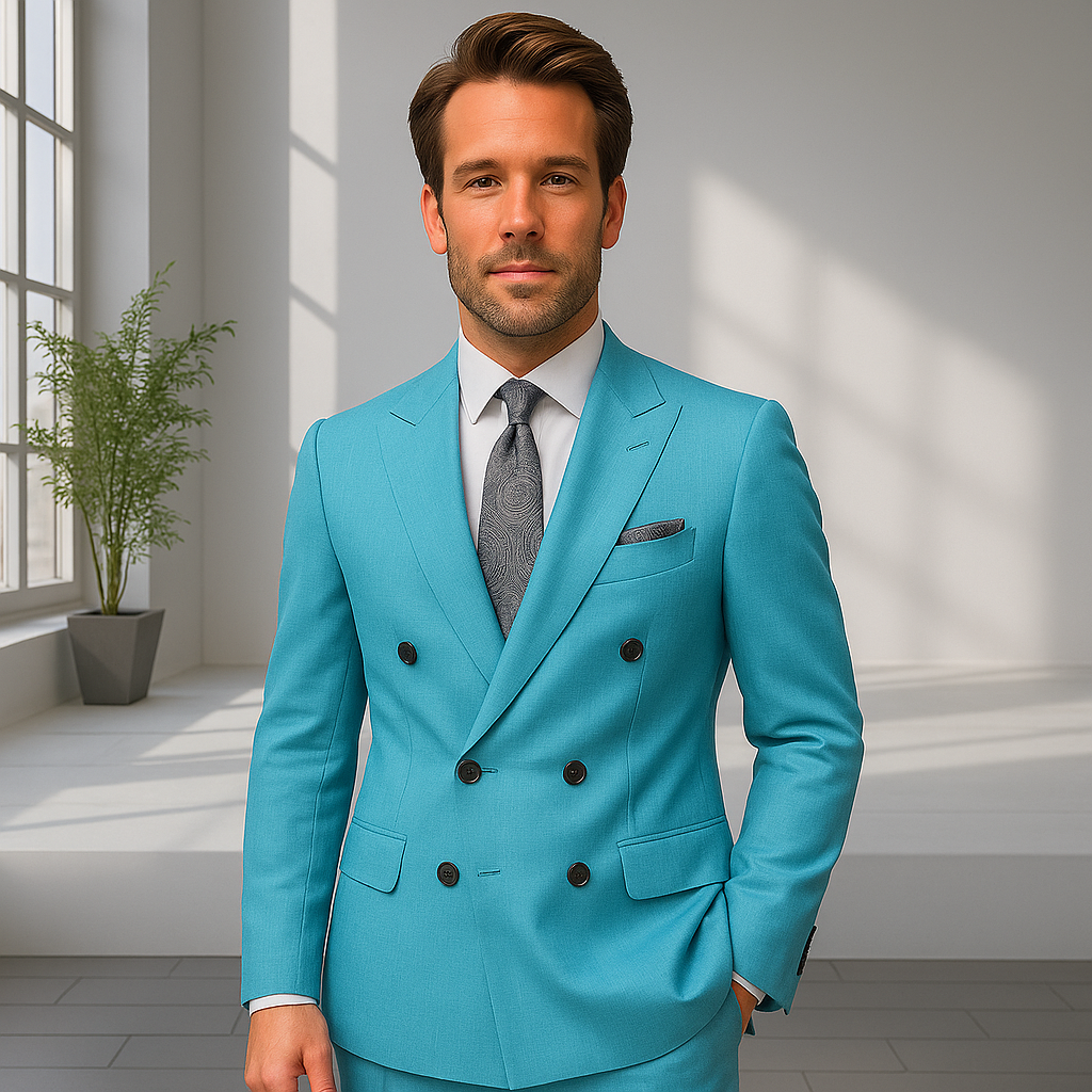 Wool Suit - Italian Made Business Suit by Statement Men's 2 Piece 100% Wool Double Breasted Suit - Pinstripe Pattern - 38R
