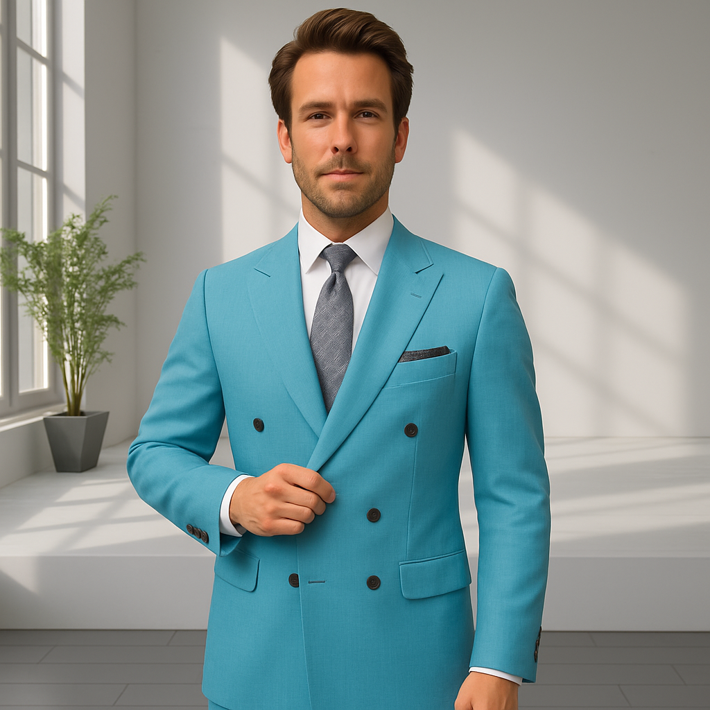 Wool Suit - Italian Made Business Suit by Statement Men's 2 Piece 100% Wool Double Breasted Suit - Pinstripe Pattern - 38R
