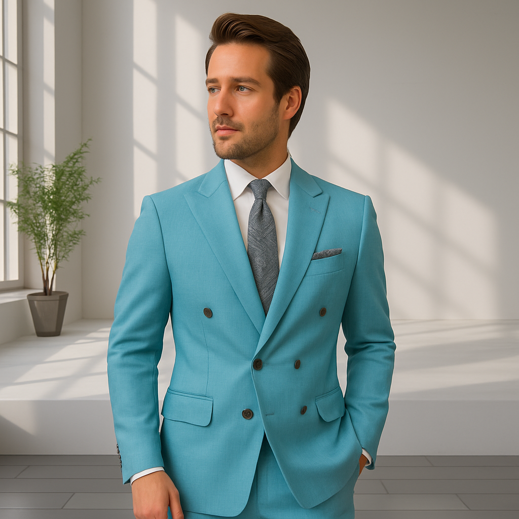 Wool Suit - Italian Made Business Suit by Statement Men's 2 Piece 100% Wool Double Breasted Suit - Pinstripe Pattern - 38R