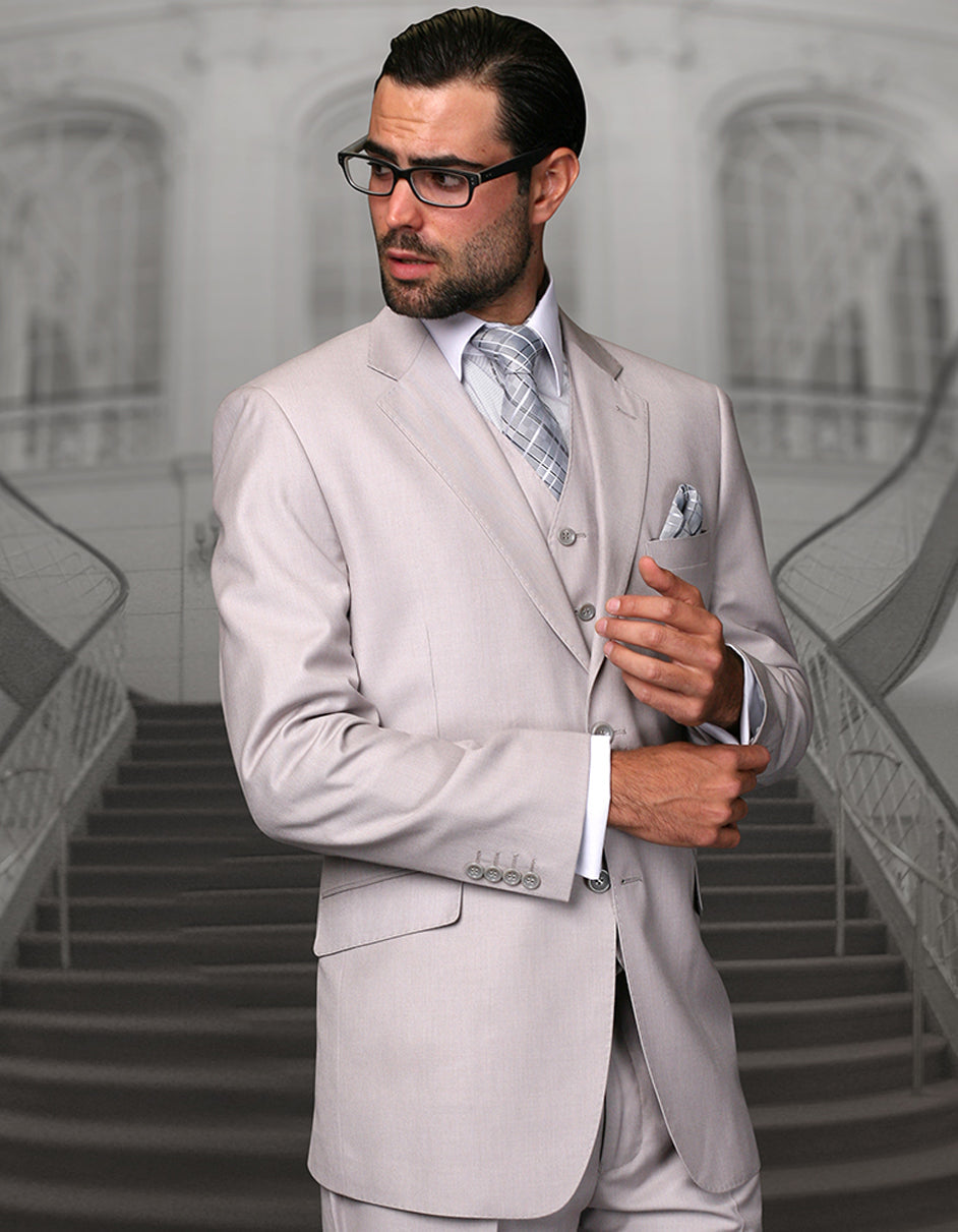 Mens 2 Button Modern Fit Vested Wool Suit in Ash Grey - 44 Long