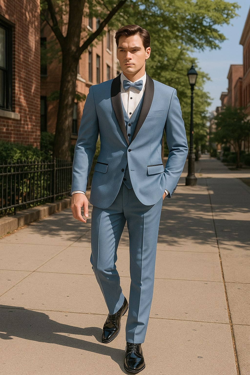 Sky Blue Tuxedo with Black Shawl Lapel Slim Fit Prom and Wedding Suit in Baby Blue Color - Light Blue - 34 Short or Extra Small