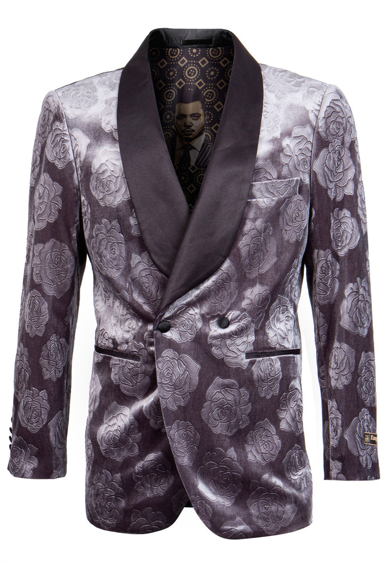 "Floral Rose Print Men's Velvet Smoking Jacket - Double Breasted Grey"