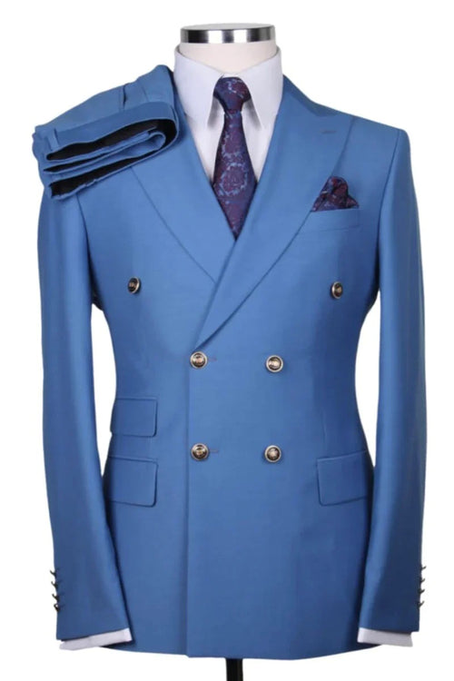 Best Mens Designer Modern Fit Double Breasted Wool Suit with Gold Buttons in Sky Blue - For Men Fashion Perfect For Wedding or Prom 2026 or Business or Church