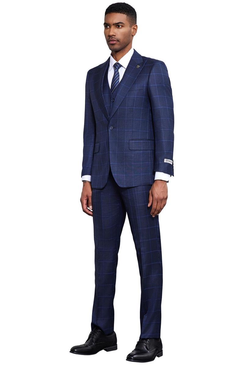 Men's Stacy Adams Classic One Button Vested Windowpane Suit in Navy Blue - 38 Regular