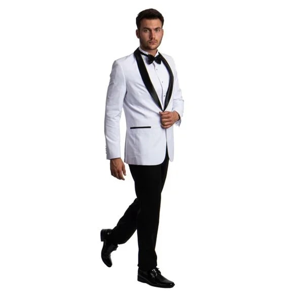 Mens White Tuxedo 2-PC Slim Fit, By Azzuro - 38 Short Jacket+32 Waist Adjustable 28to34)(Height: 5 4 to5 7 )(Neck 15-16.5)S-M)