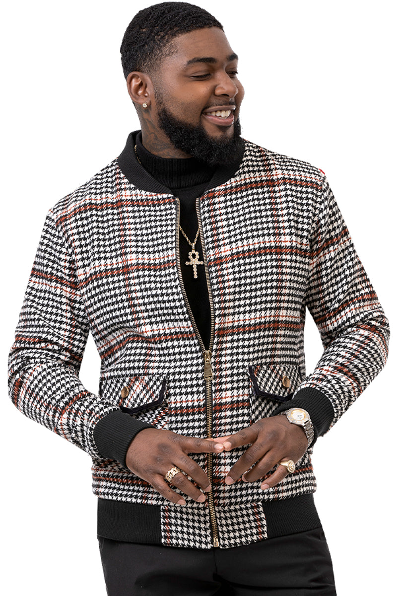 Men's Modern Fit Bomber Jacket inBlack & White Plaid Houndstooth