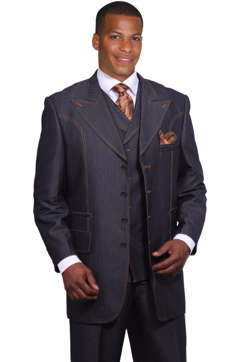 "Denim Blue Jeans Men's Suit with Vested 4 Button Wide Peak Lapel - Navy Blue" - 36 Regular