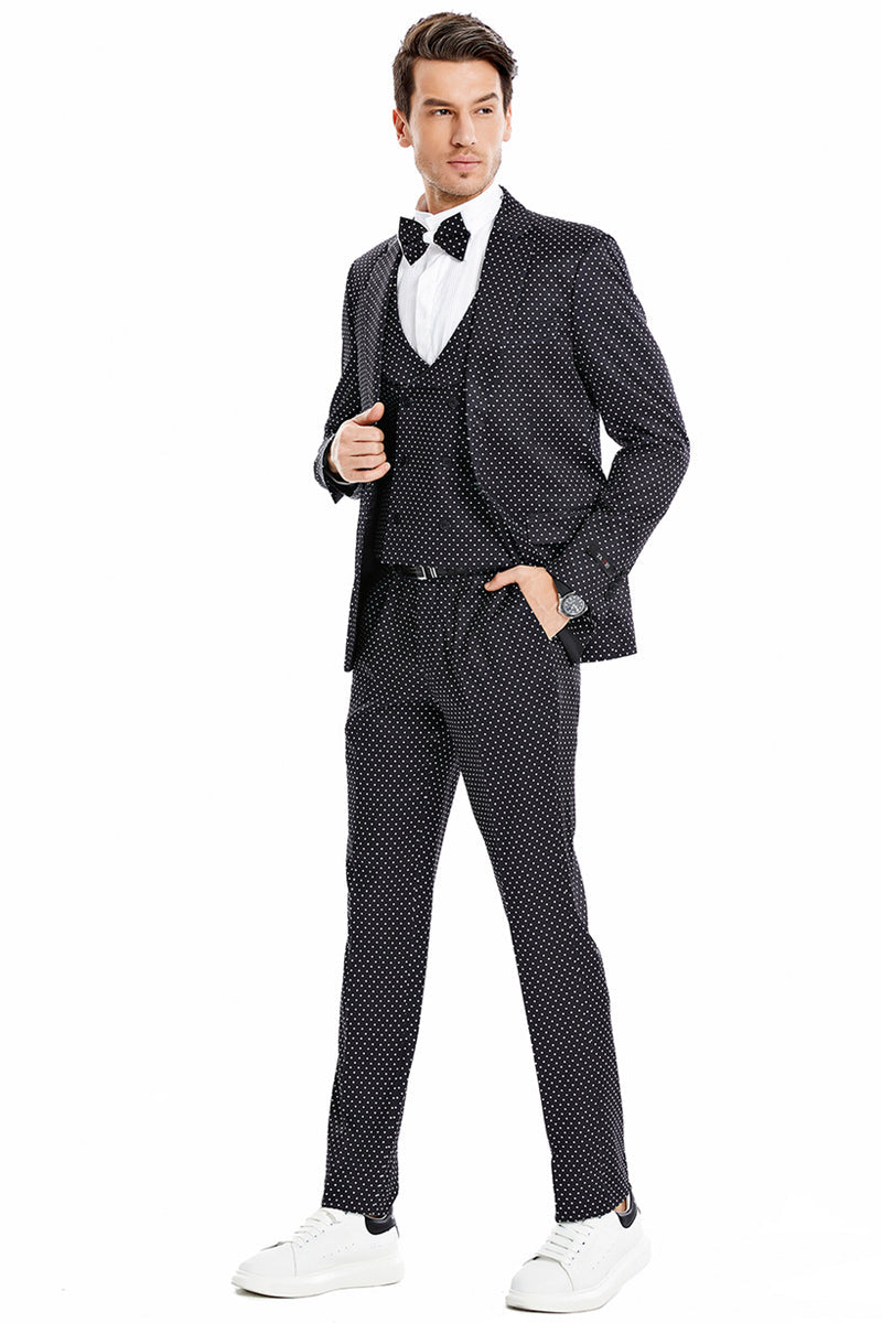 "Men's Black & White Mini Polka Dot Prom 2025 Suit - One Button Vested" - 34 Short