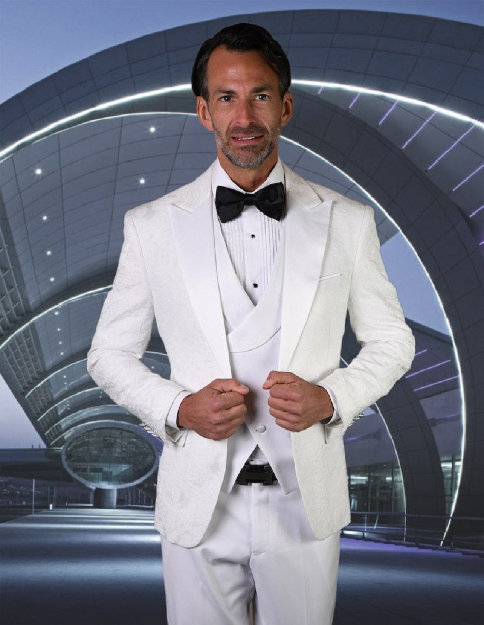 Mens One Button Peak Lapel Paisley Tuxedo in White - 38 Short