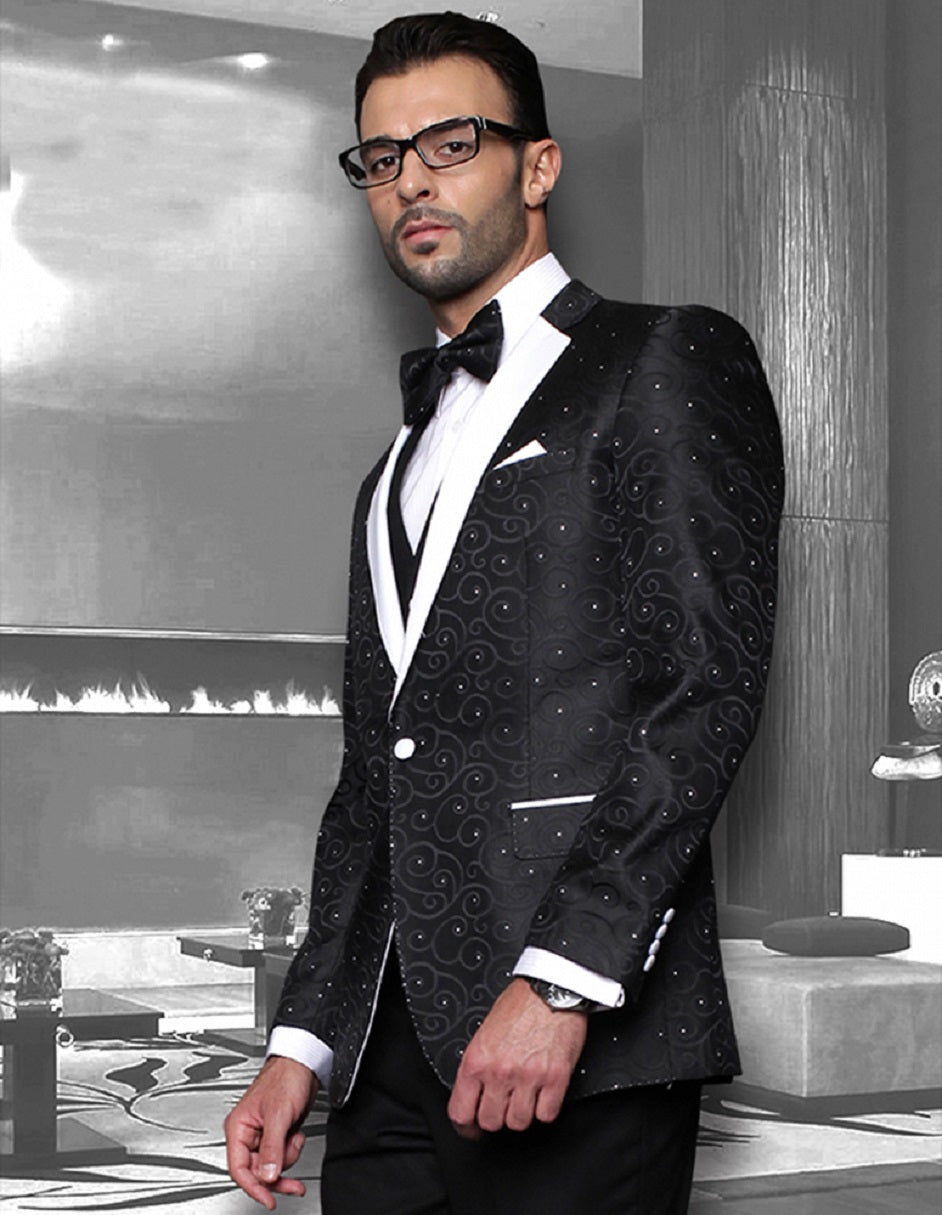 Mens Vested Swirl Patter Notch Lapel Tuxedo in Black - 38 Regular
