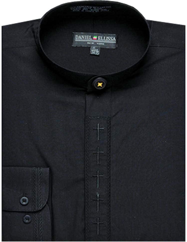 "Men's Black Clergy Shirt with Cross Embroidery - Banded Collar Dress" - 15½ 32/33