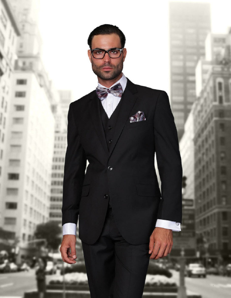 Mens 2 Button Modern Fit Vested Wool Suit in Black - 38 Short