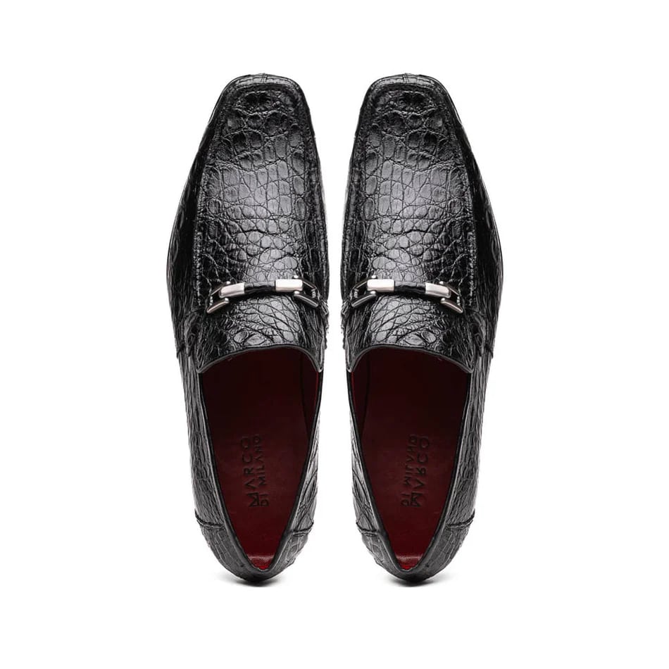 Marco Di Milano Fabro Men's Shoes Black Exotic Crocodile Horsebit Loafers - 8