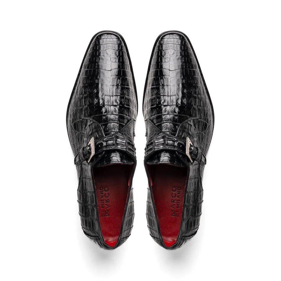 Marco Di Milano Rovigo Men' Shoes Black Genuine Caiman Crocodile Dress Single Monk-strap Loafers - 6