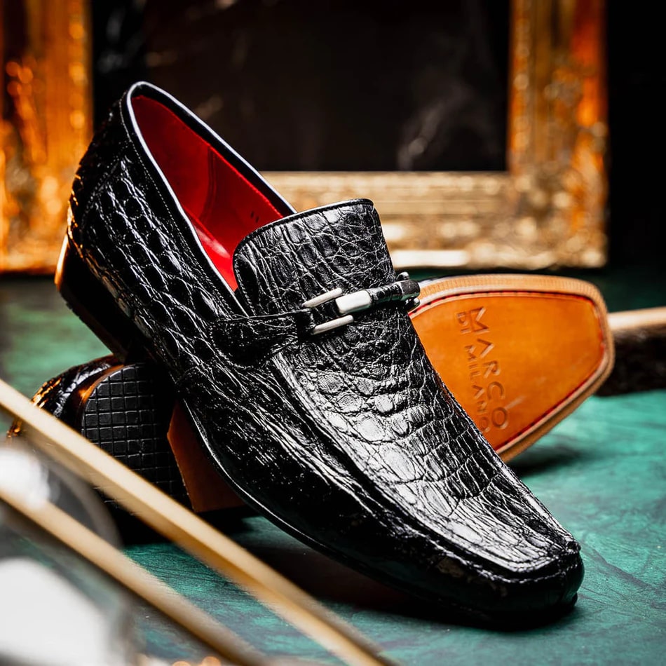 Marco Di Milano Fabro Men's Shoes Black Exotic Crocodile Horsebit Loafers - 8