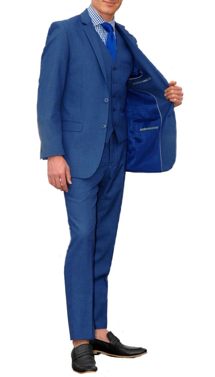 Jax New Blue Slim Fir 3 Piece Suit - 38 Short Jacket+32 Waist Adjustable 28to34)(Height: 5 4 to5 7 )(Neck 15-16.5)S-M)