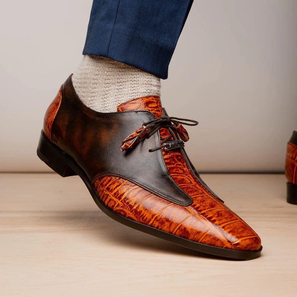 Marco Di Milano Anzio Exotic Alligator & Calfskin Leather Brandy Oxfords - 8