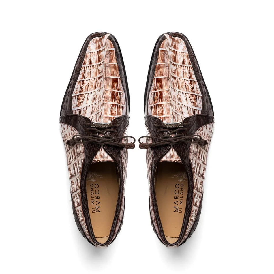 Marco Di Milano Caribe Men's Shoes Rustic White & Brown Genuine Hornback Caiman Crocodile Dress Derby Oxfords - 6