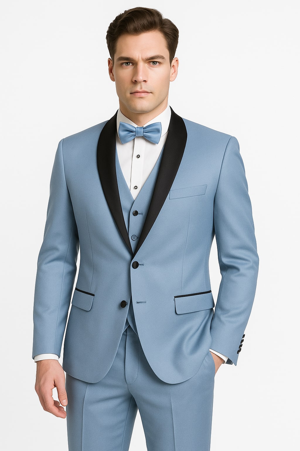 Sky Blue Tuxedo with Black Shawl Lapel Slim Fit Prom and Wedding Suit in Baby Blue Color - Light Blue - 34 Short or Extra Small