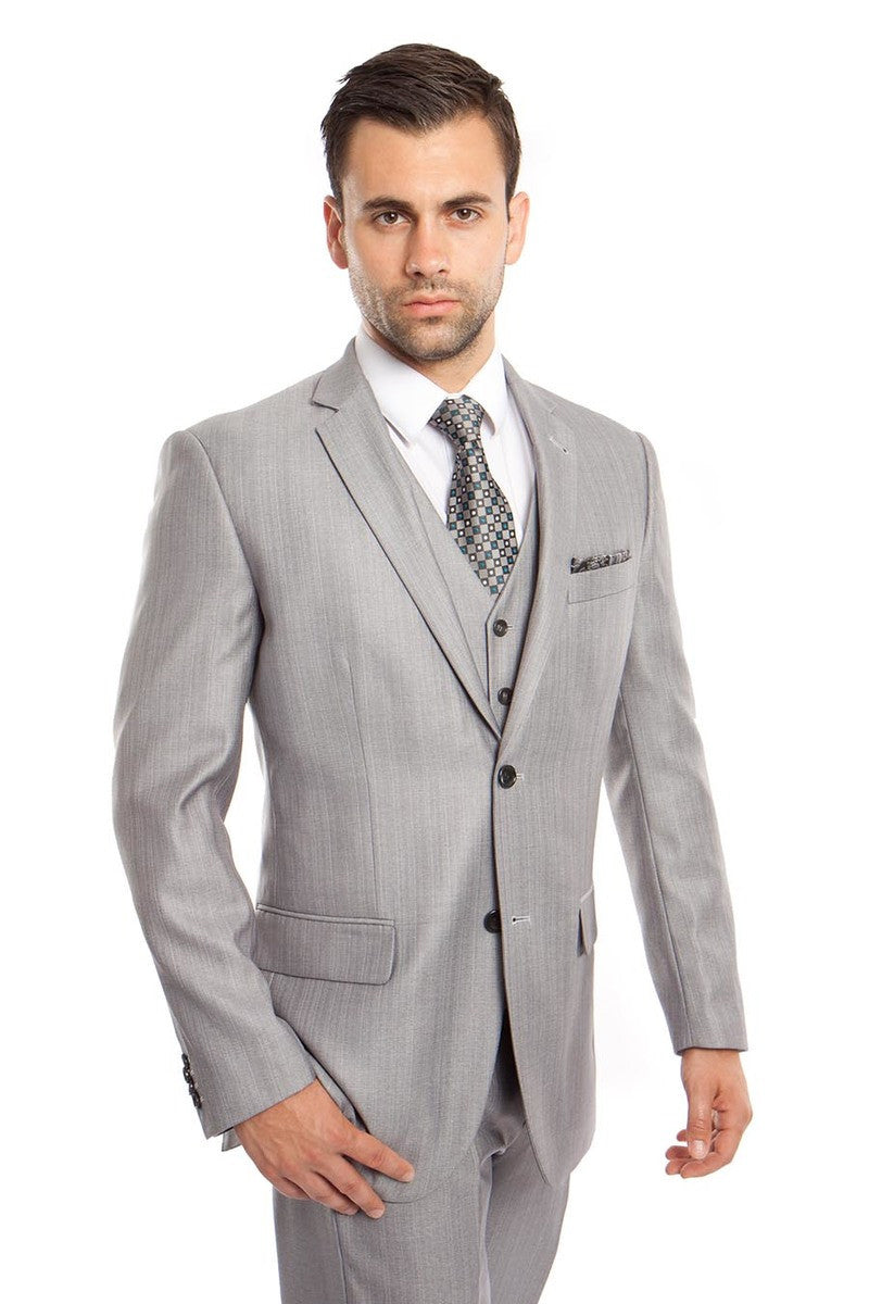 "Sharkskin Business Suit for Men - Light Grey Two Button Vested"