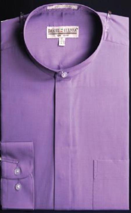 Men's Banded Collar Dress Fashion Collarless Shirt With Button Cuff Lavender Small 14.5 Men's Banded Collar Dress Fashion Collarless Shirt With Button Cuff Lavender Small 14.5