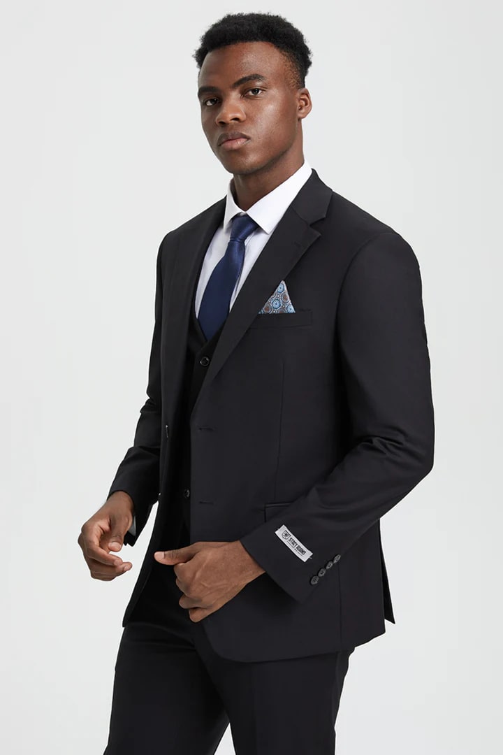 Cheap Priced Suit- Men's Two Button Vested Stacy Adams Designer Basic Black Suit - 38 Short Jacket+32 Waist Adjustable 28to34)(Height: 5 4 to5 7 )(Neck  15-16.5)S-M)
