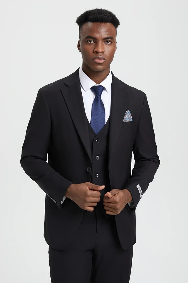 Cheap Priced Suit- Men's Two Button Vested Stacy Adams Designer Basic Black Suit - 38 Short Jacket+32 Waist Adjustable 28to34)(Height: 5 4 to5 7 )(Neck  15-16.5)S-M)