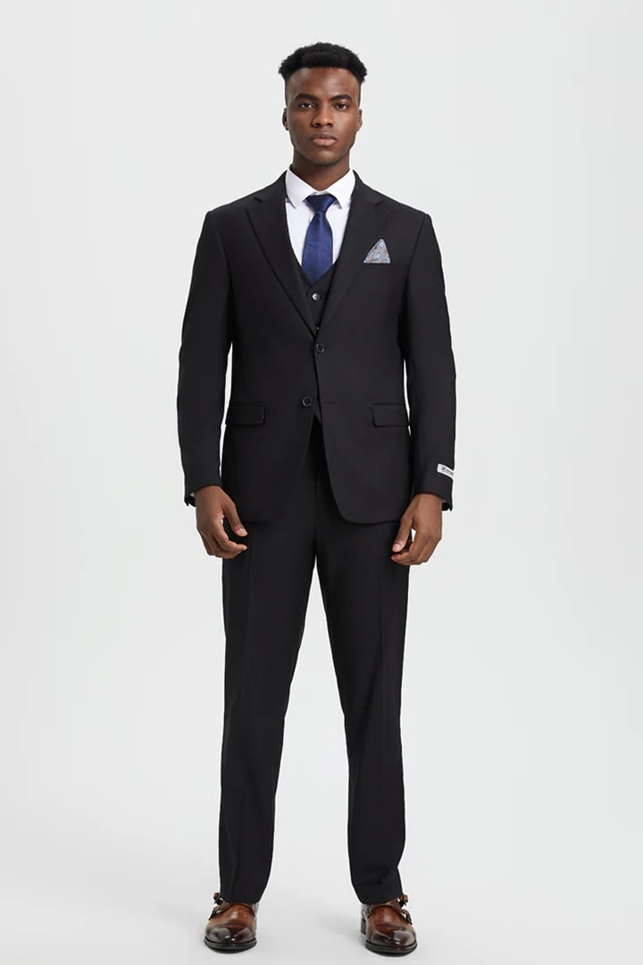 Cheap Priced Suit- Men's Two Button Vested Stacy Adams Designer Basic Black Suit - 38 Short Jacket+32 Waist Adjustable 28to34)(Height: 5 4 to5 7 )(Neck  15-16.5)S-M)