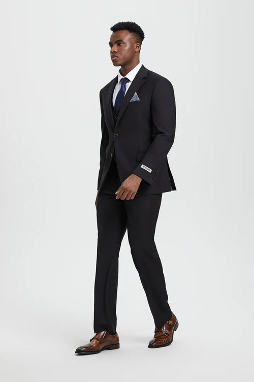 Cheap Priced Suit- Men's Two Button Vested Stacy Adams Designer Basic Black Suit