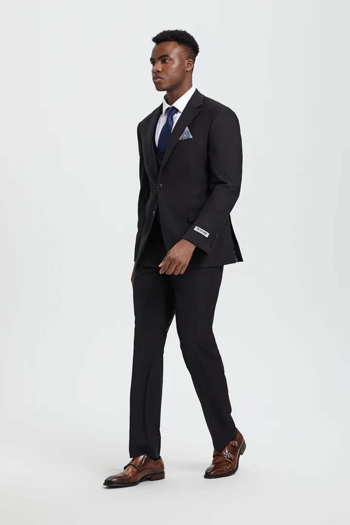 Cheap Priced Suit- Men's Two Button Vested Stacy Adams Designer Basic Black Suit - 38 Short Jacket+32 Waist Adjustable 28to34)(Height: 5 4 to5 7 )(Neck  15-16.5)S-M)
