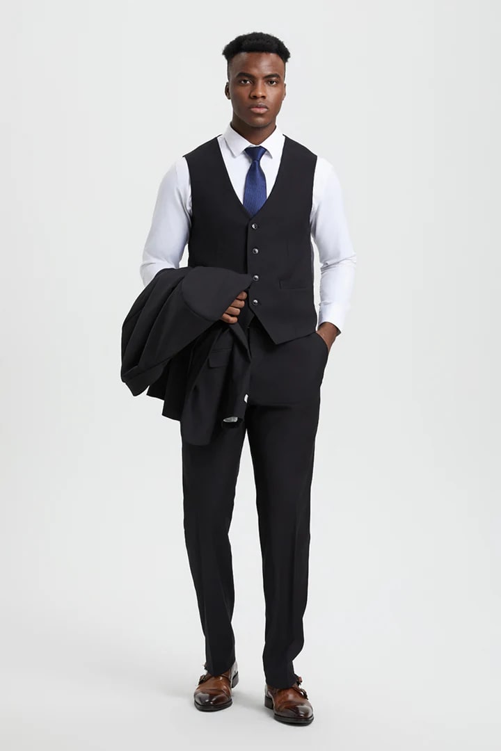 Cheap Priced Suit- Men's Two Button Vested Stacy Adams Designer Basic Black Suit - 38 Short Jacket+32 Waist Adjustable 28to34)(Height: 5 4 to5 7 )(Neck  15-16.5)S-M)