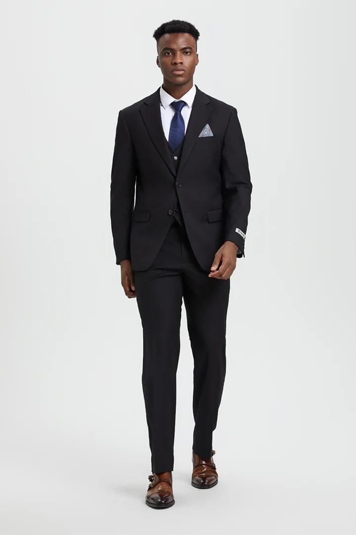 Cheap Priced Suit- Men's Two Button Vested Stacy Adams Designer Basic Black Suit - 38 Short Jacket+32 Waist Adjustable 28to34)(Height: 5 4 to5 7 )(Neck  15-16.5)S-M)