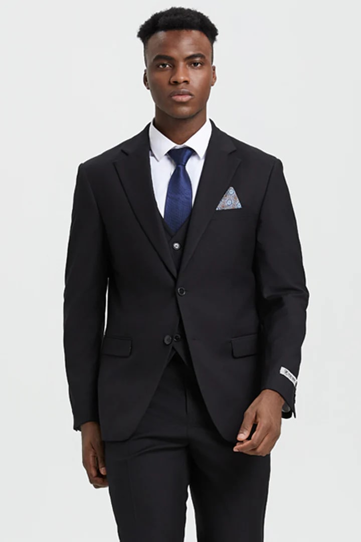 Cheap Priced Suit- Men's Two Button Vested Stacy Adams Designer Basic Black Suit - 38 Short Jacket+32 Waist Adjustable 28to34)(Height: 5 4 to5 7 )(Neck  15-16.5)S-M)