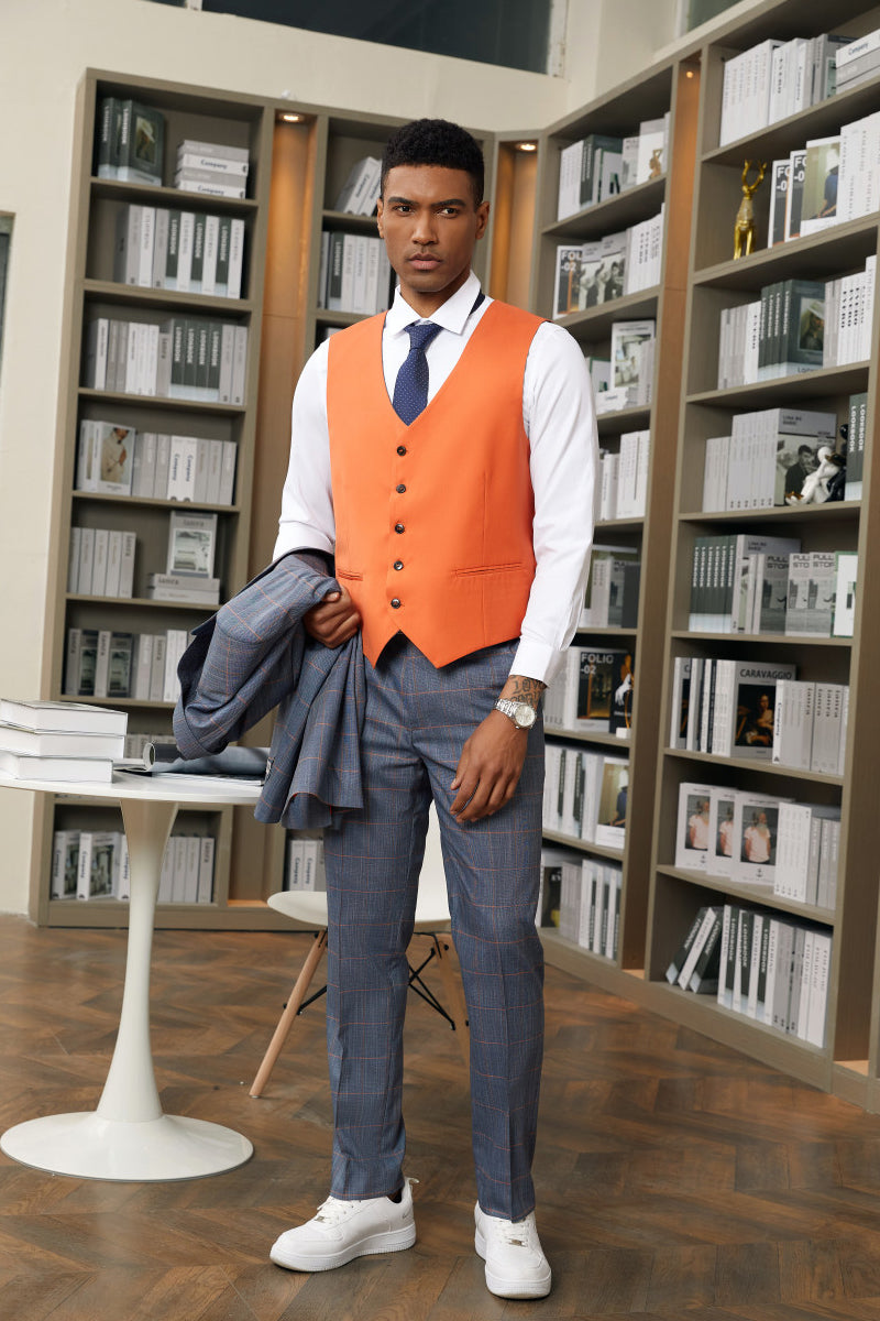 "Mens Stacy Adams Suit -Stacy Adams Men's Navy Blue & Orange Plaid Suit - One Button Vested Peak Lapel" - 34 Short