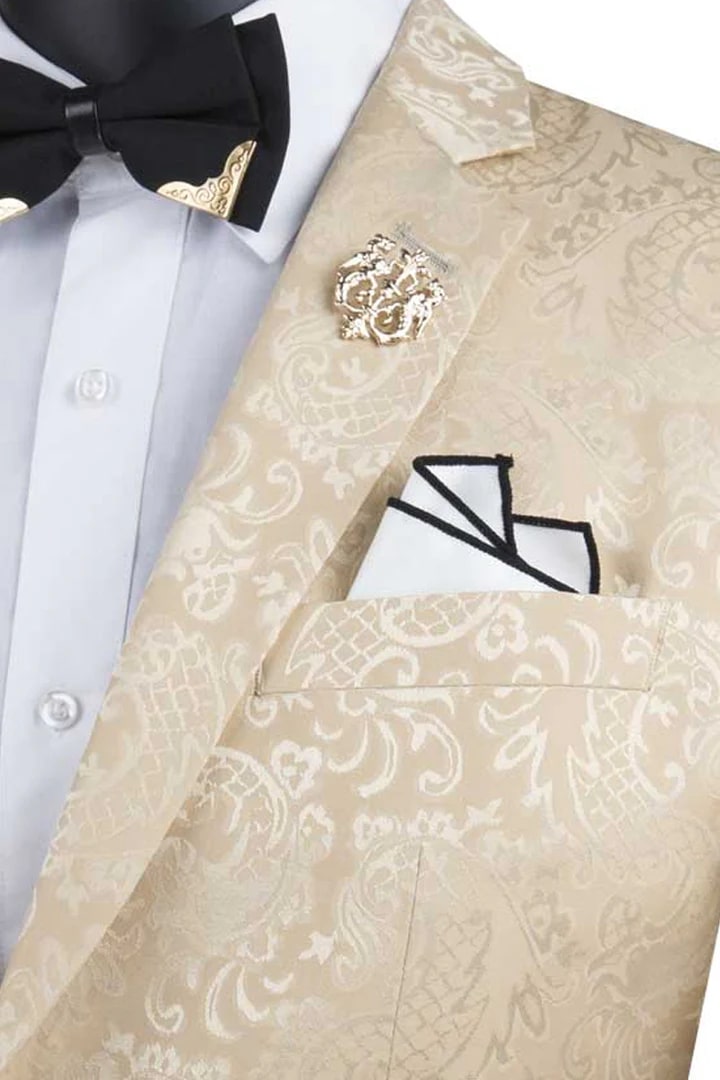 Cheap Priced Suit- Men's Slim Fit Shiny Paisley Prom 2025 & Wedding Beige Suit Cream and Beige Prom 2025 Suits - 38 Short Jacket+32 Waist Adjustable 28to34)(Height: 5 4 to5 7 )(Neck 15-16.5)S-M)